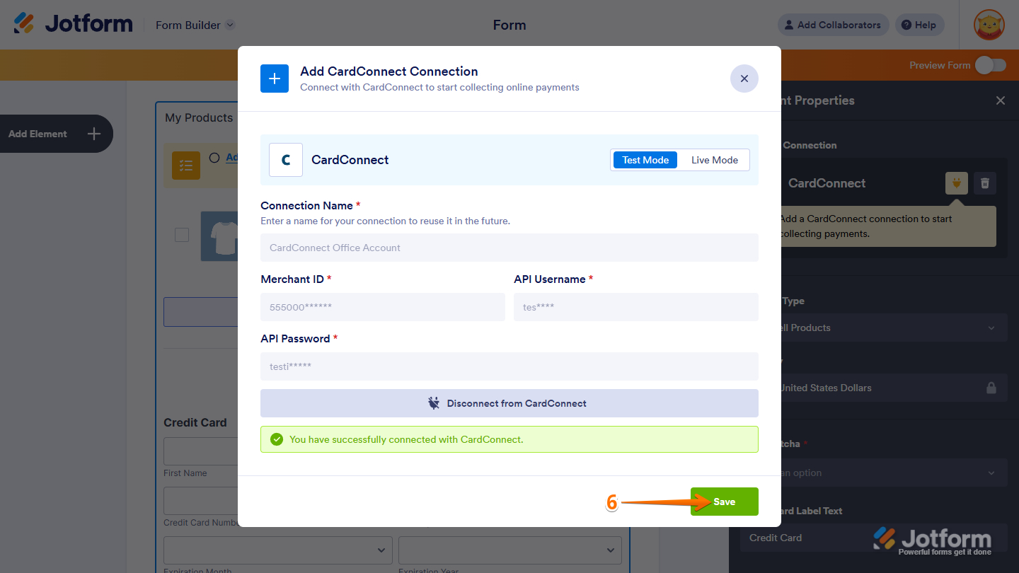 Save button in the CardConnect integration settings