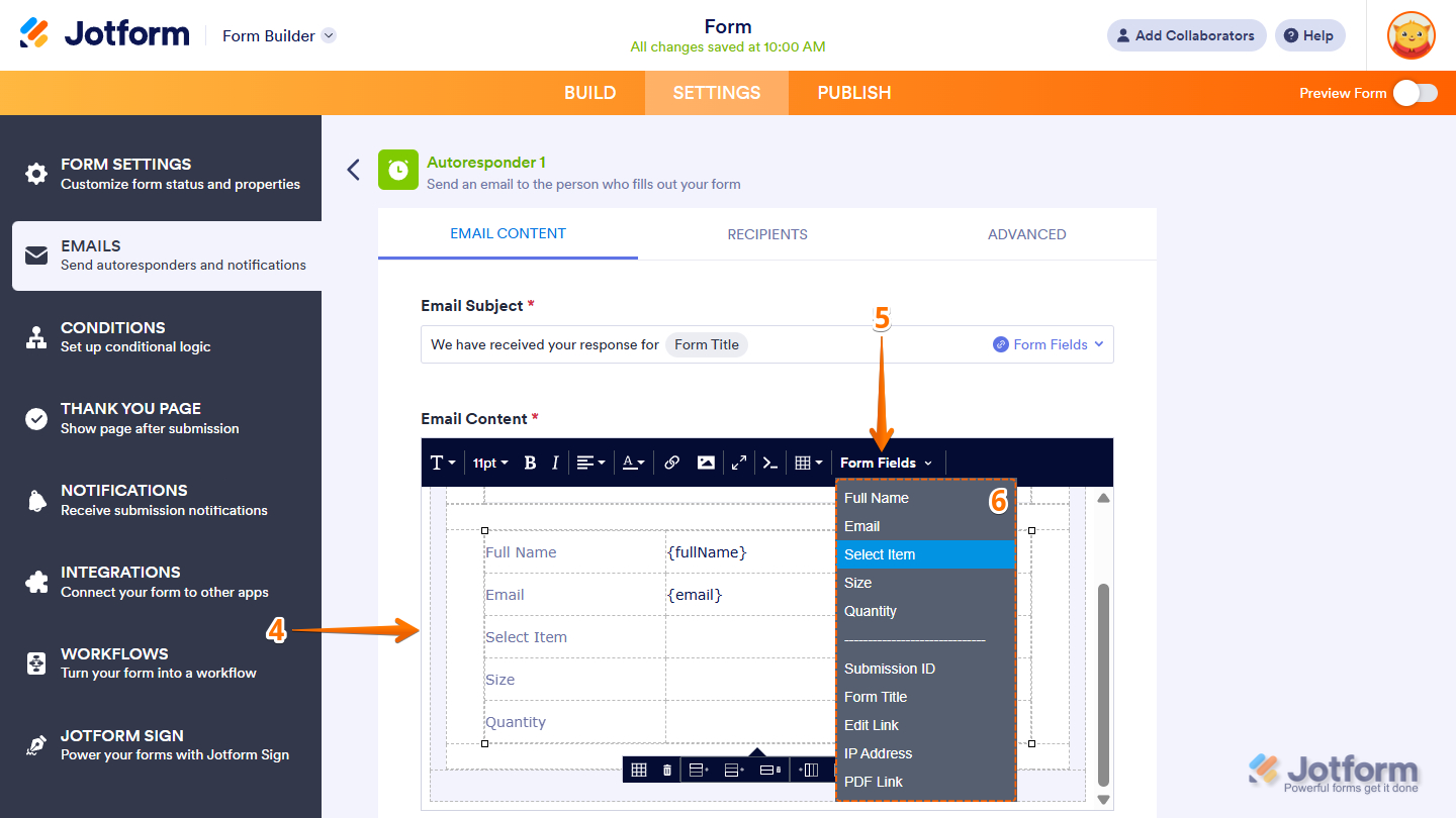 Form Fields dropdown menu in the Email Content section of the Autoresponder Email settings