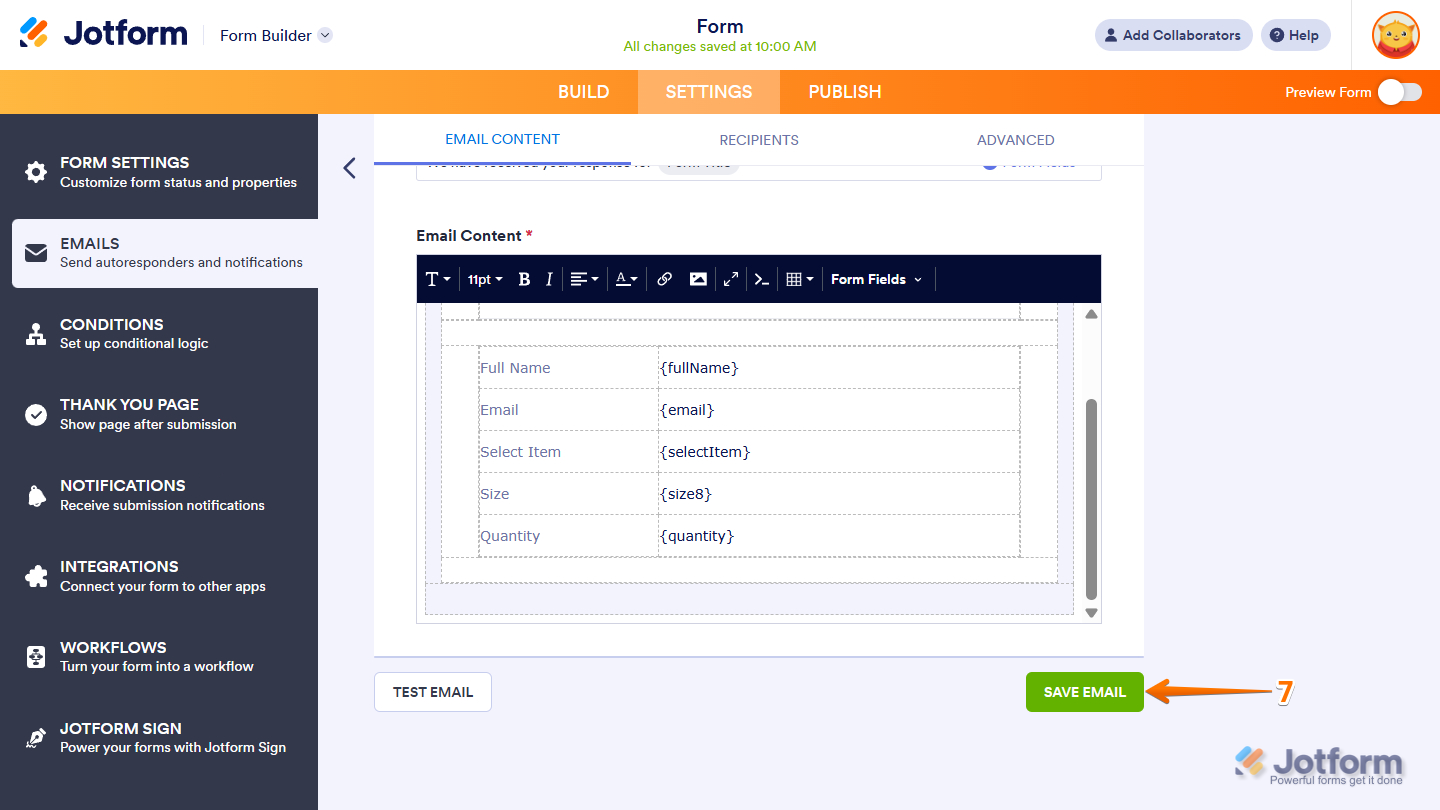Save Email button of the Autoresponder Email settings