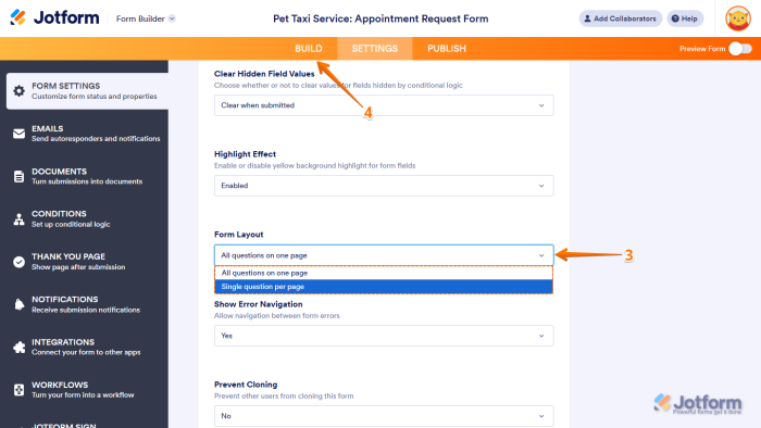 Form Layout setting in the Form Settings section of the Settings tab in the Jotform Form Builder