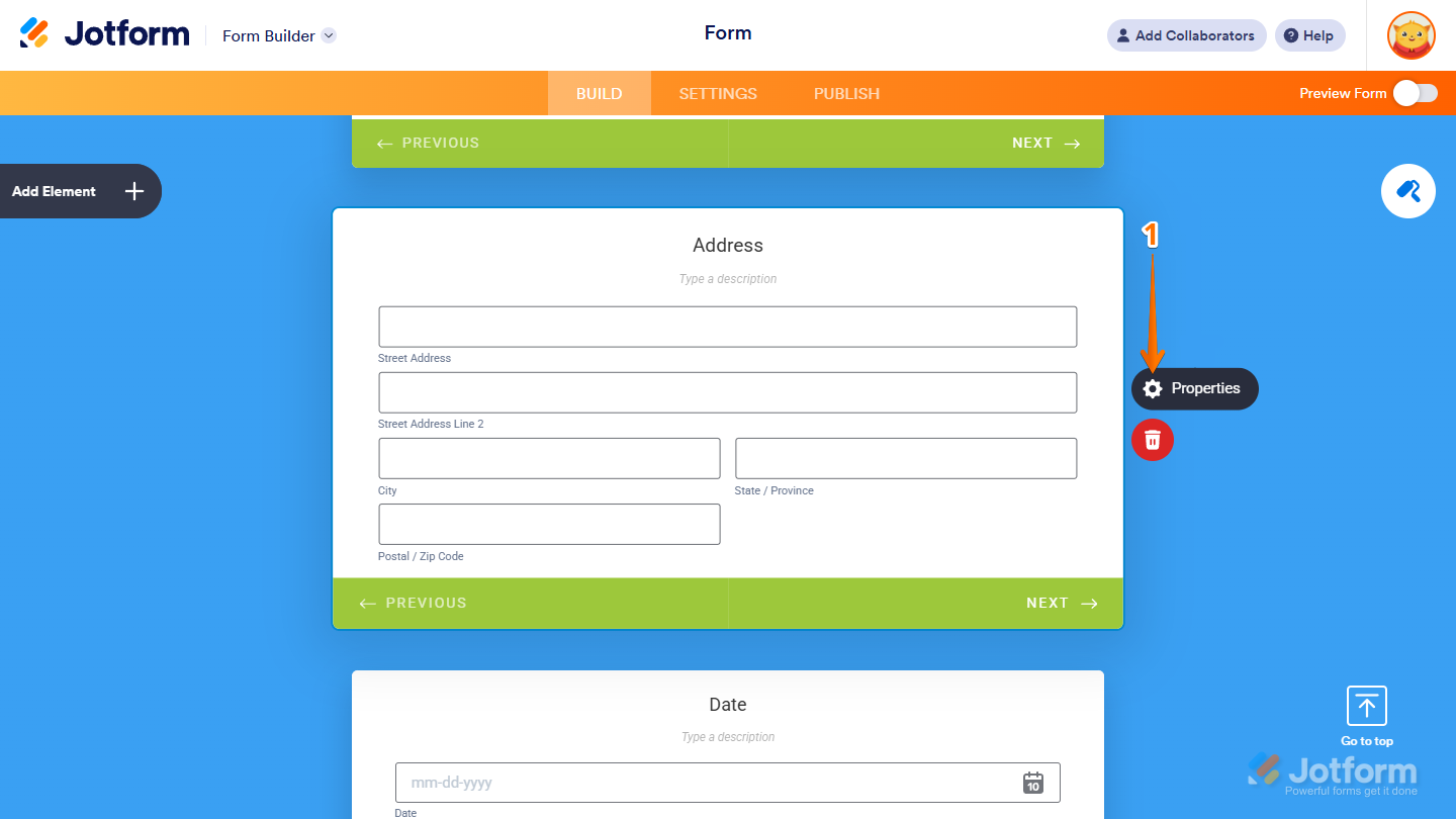 Properties option in the Address element of the Card Form layout