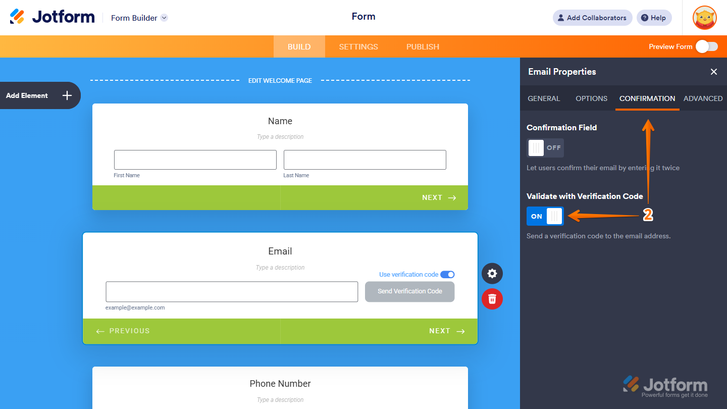 Validate with Verification Code toggle in the Email Properties window of the email field in Jotform Card Form