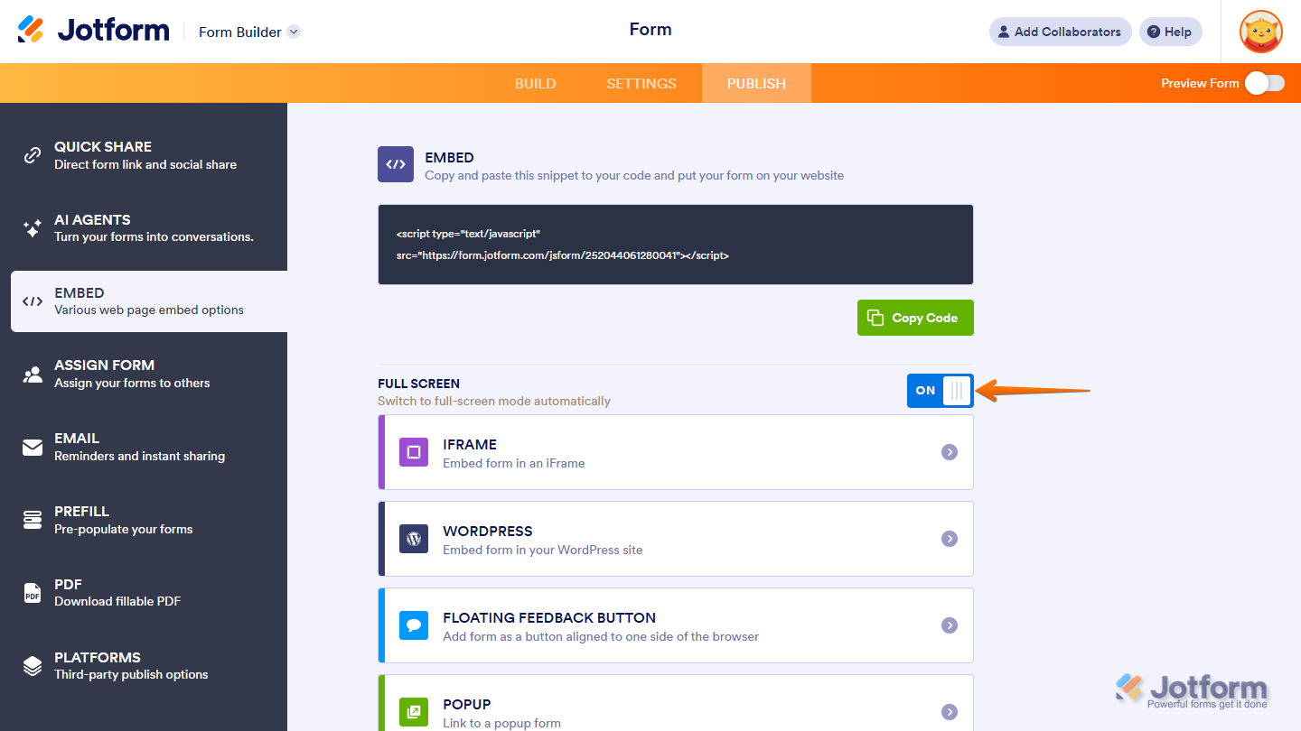 Full Screen toggle in the Embed tab of the Card Form layout