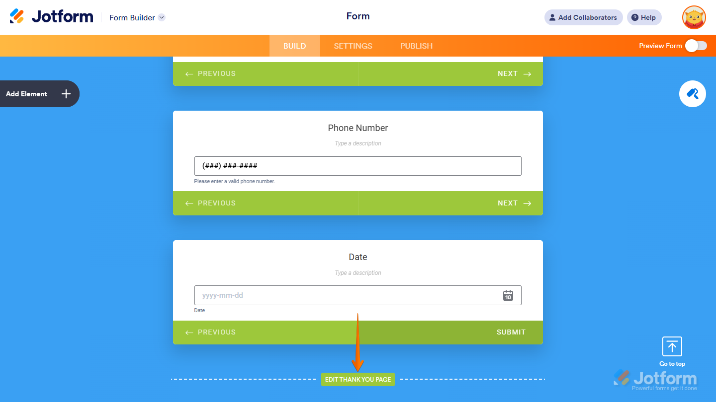 Edit Thank You Page option in the Card Form layout