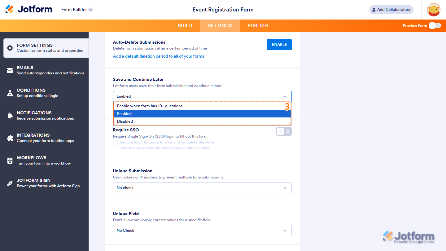 Save and Continue Later settings showing enable when form has 10 or more questions enable and disable options in Jotform