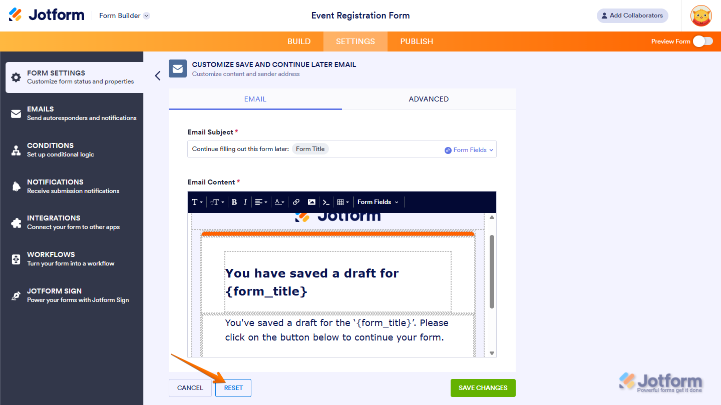 Save and Continue Later Email template showing Reset button for restoring default layout in Jotform