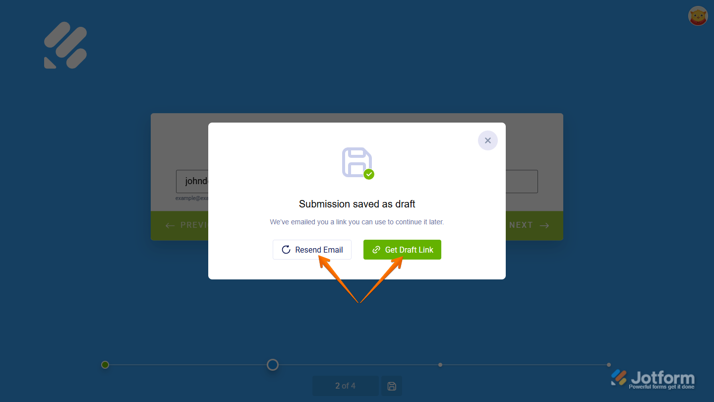 Save and Continue confirmation showing session link email options and shareable link in Jotform