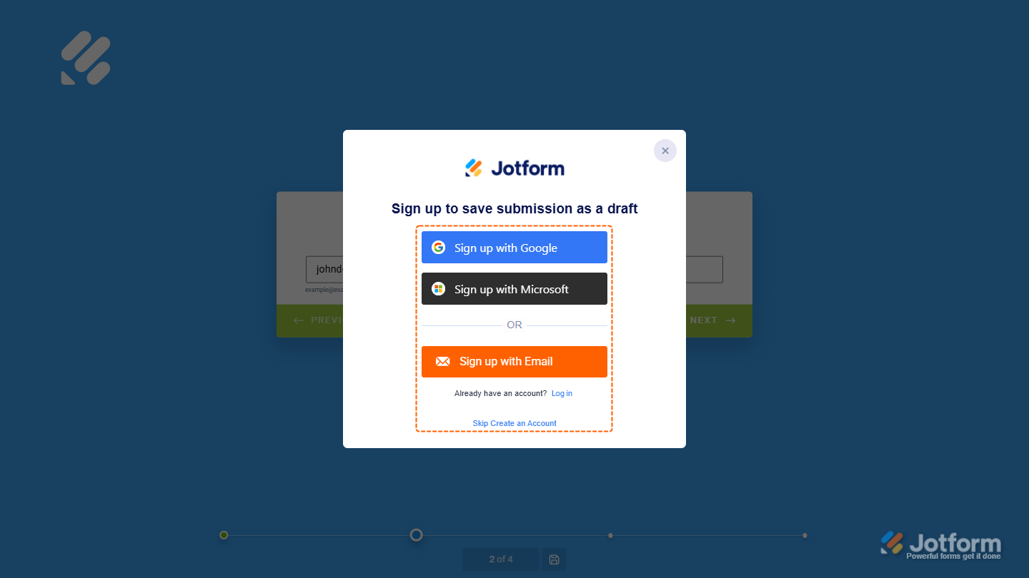 Save and Continue window showing sign up log in and skip options for generating session link in Jotform
