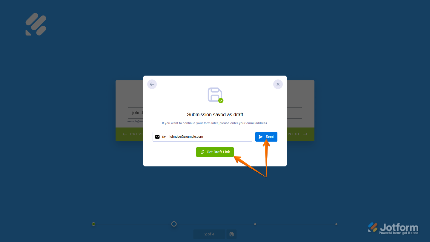 Save and Continue window showing email session link option and copy link option in Jotform