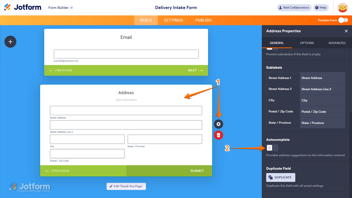 Jotform Form Builder displaying the Address Properties menu under the General tab, with the Autocomplete setting toggled on for the selected Address element