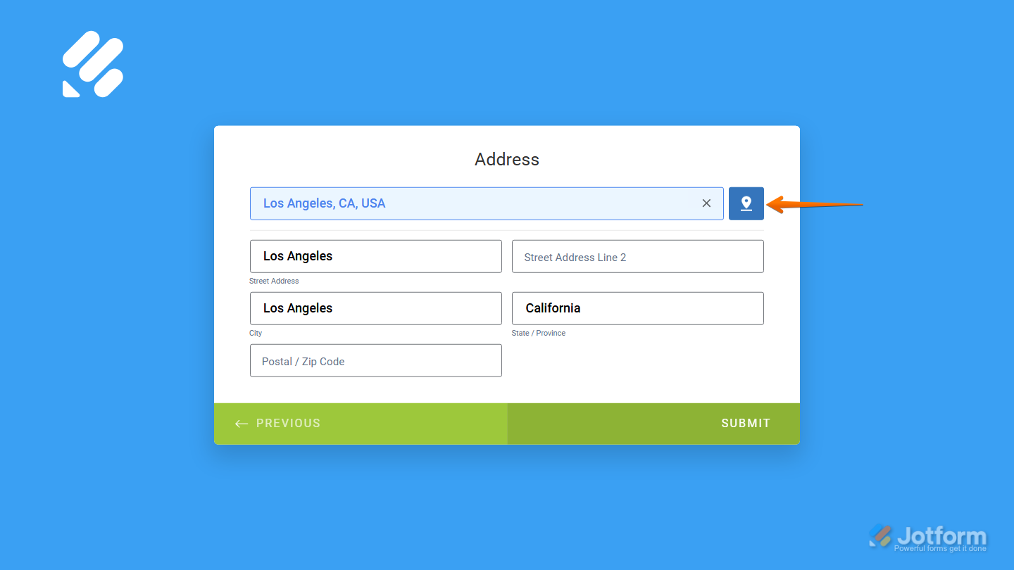 Jotform form Address field displaying a location marker that users can click to detect their current location and automatically fill in their address