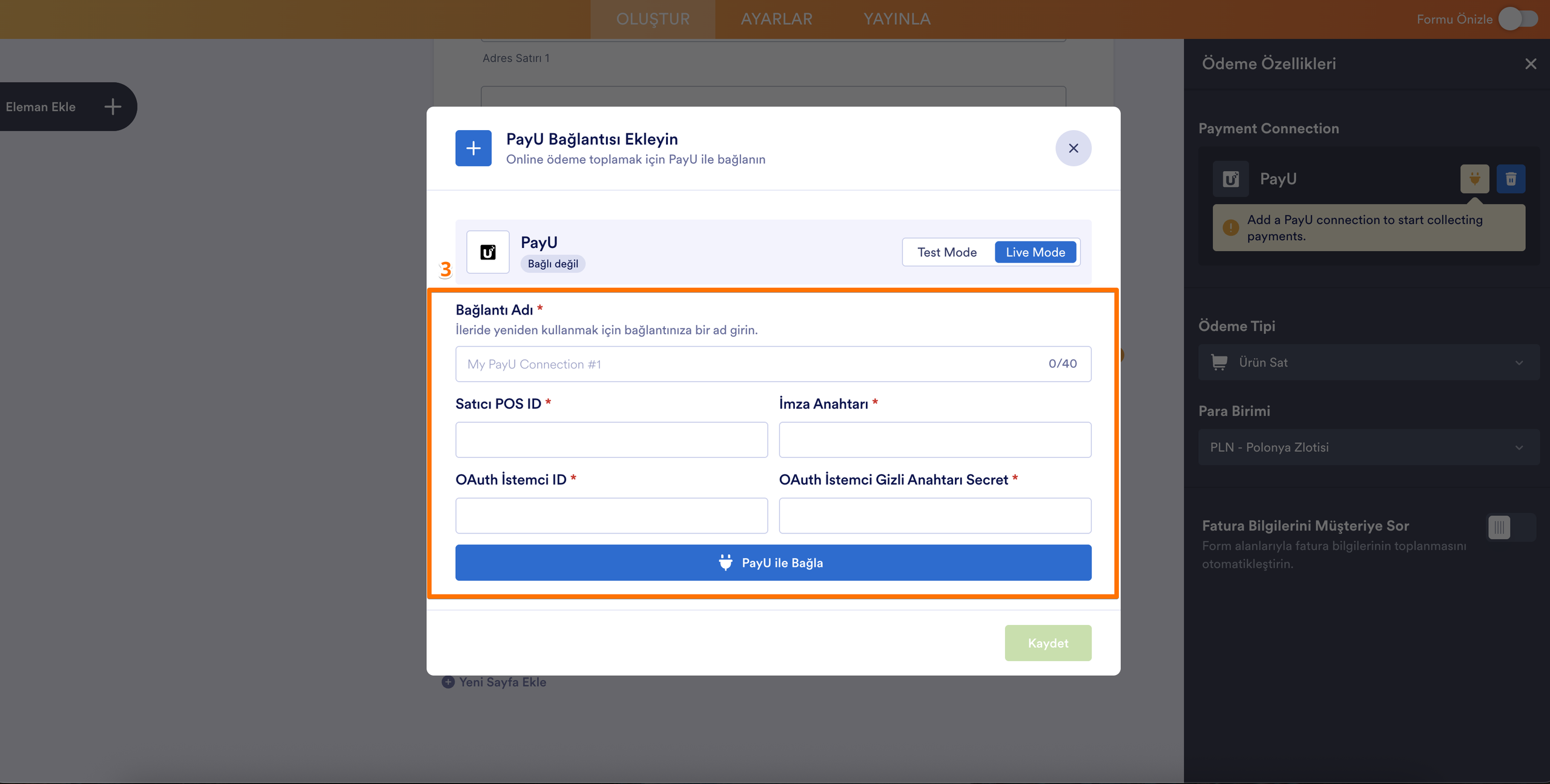 Form üzerinden ödeme ayarları için Ağ Geçidi Kimlik Bilgileri bölümünde, Satıcı POS Kimliği, OAuth İstemci Kimliği ve OAuth İstemci Gizli Anahtarı alanlarını gösteren PayU Entegrasyon penceresi