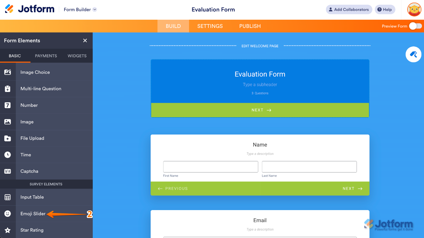 Form Builder showing the Emoji Slider element under the Basic tab in the Form Elements menu