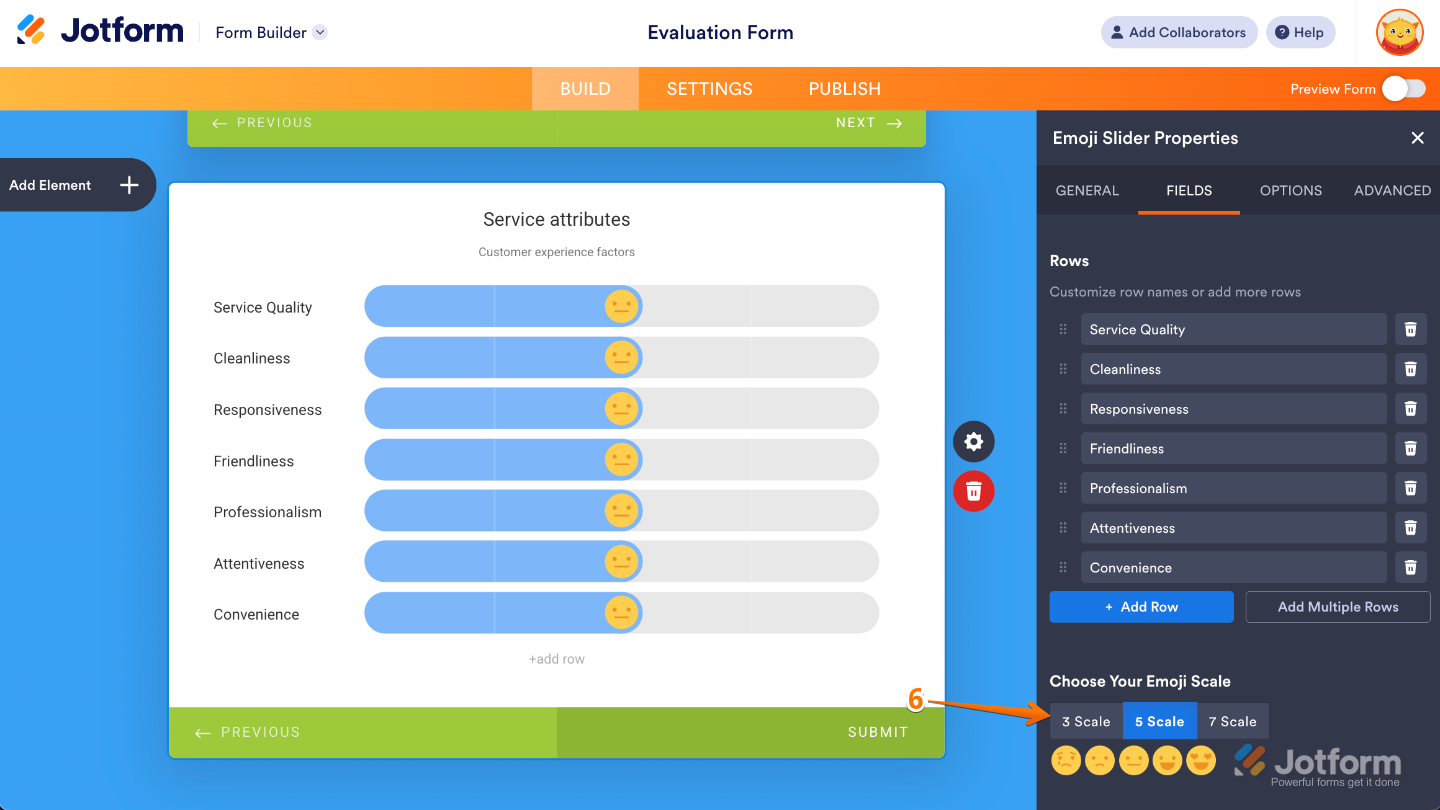 Emoji Slider Properties panel showing the Choose Your Emoji Scale section at the bottom with a scale option selected