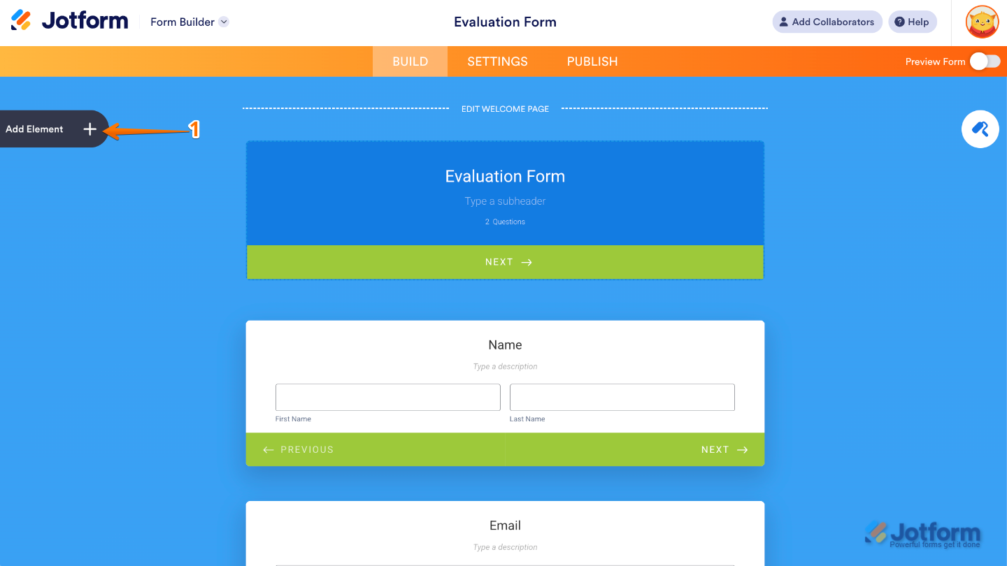 Form Builder interface showing the Add Element button on the left side of the page
