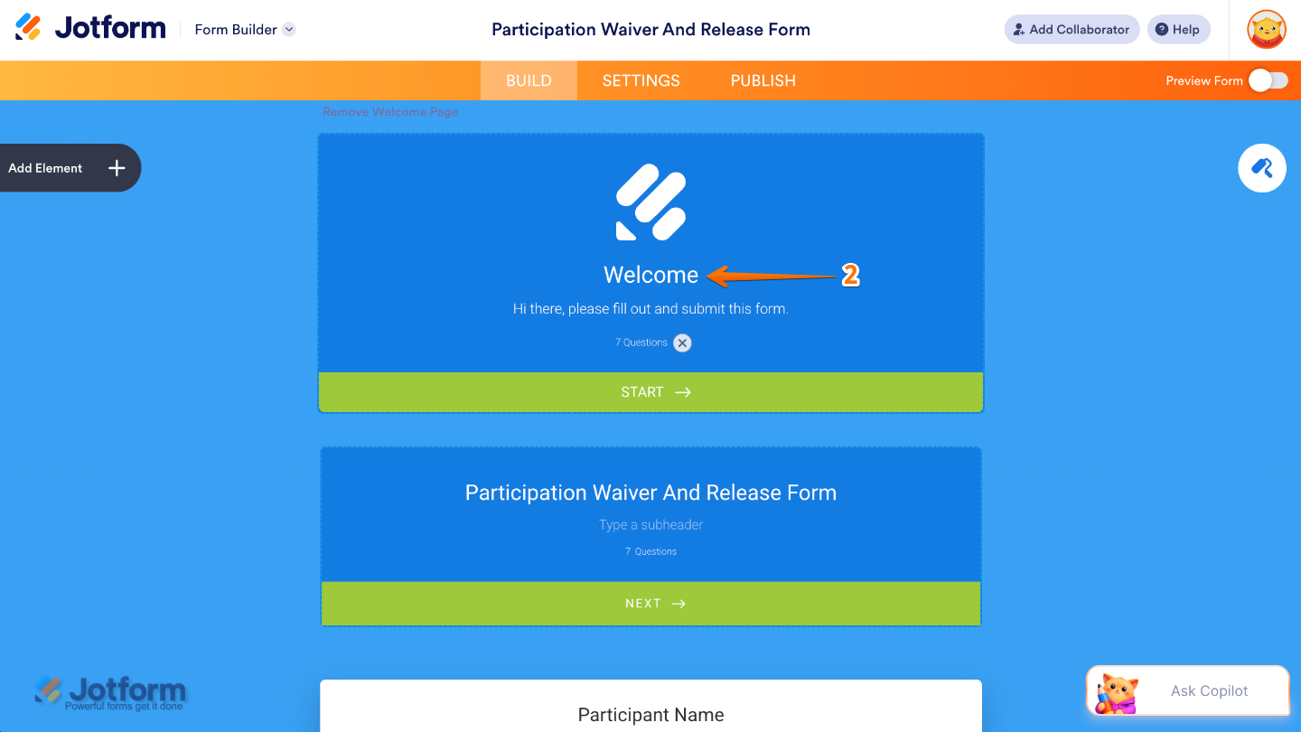 Welcome Page editor showing the existing logo selected for editing