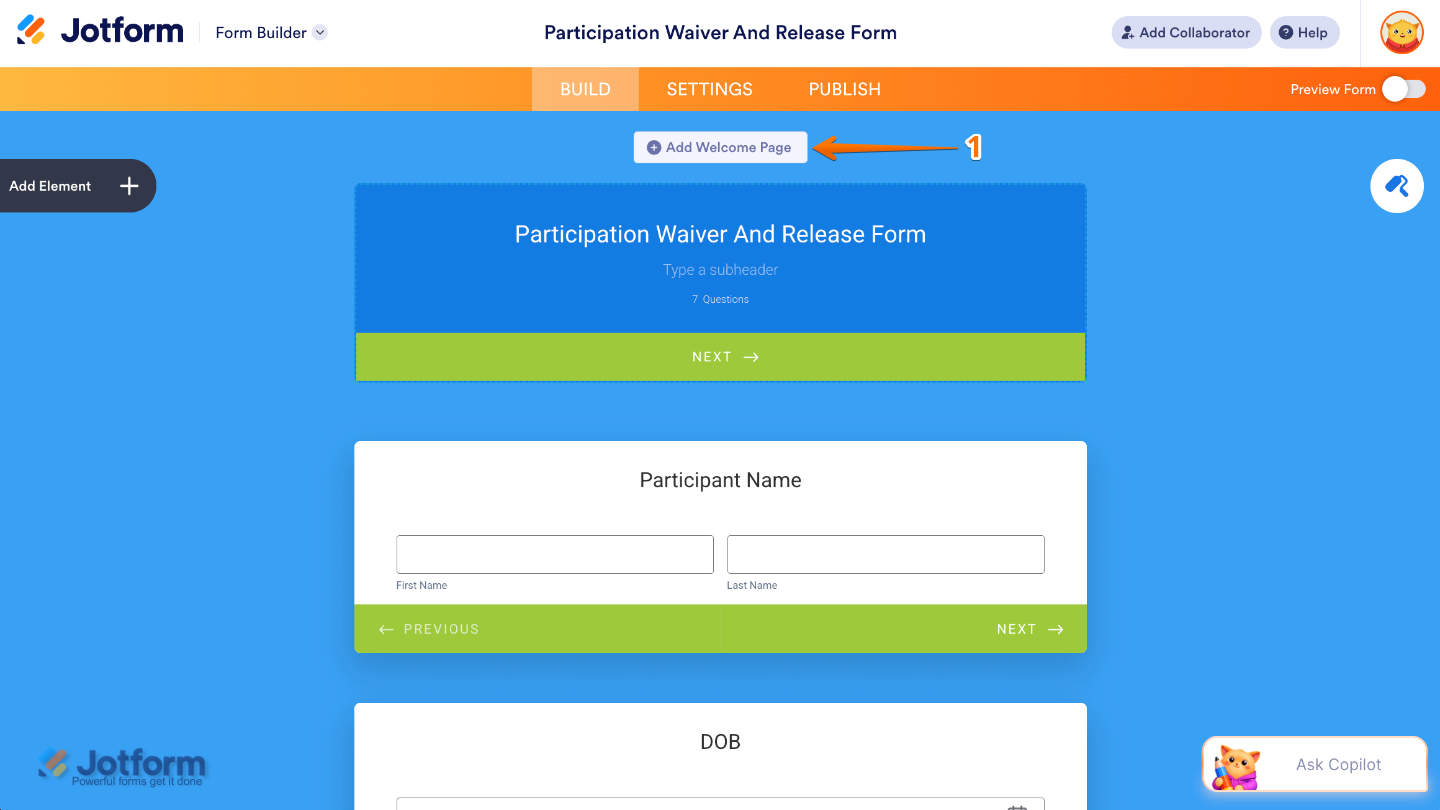 Form Builder interface showing the Add Welcome Page button below the top navigation bar