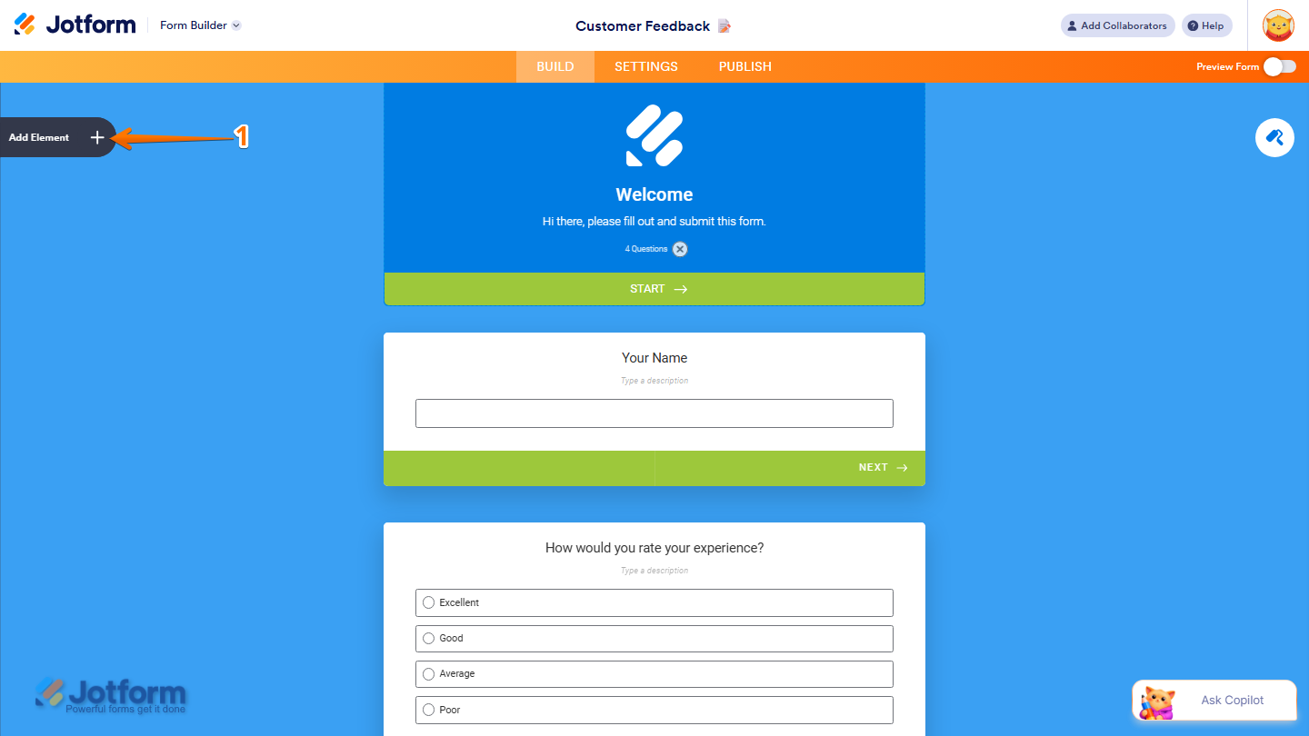 Form Builder showing Add Element button on the left side in Jotform