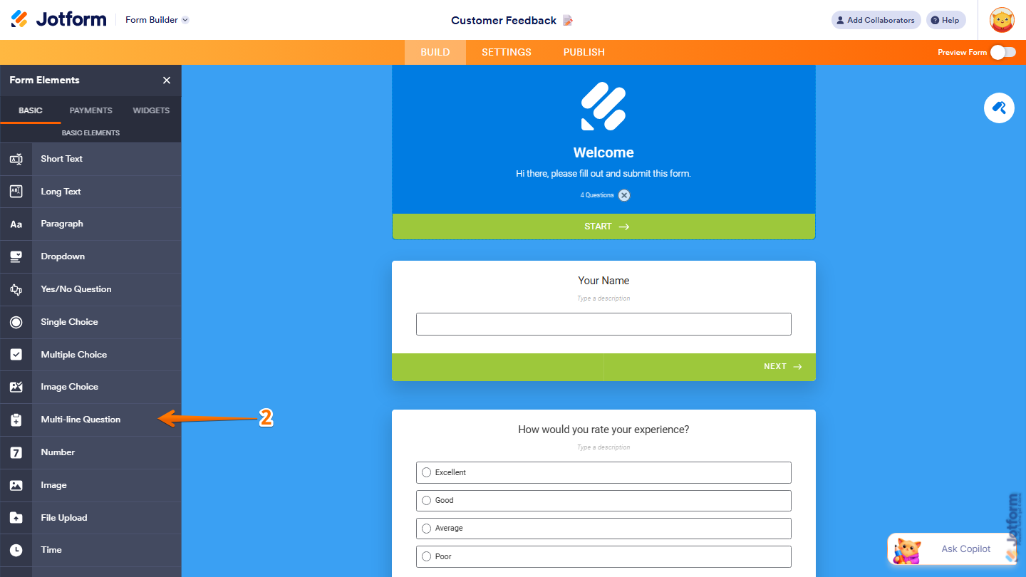 Form Elements Basic tab showing Multi-line Question field selection in Jotform