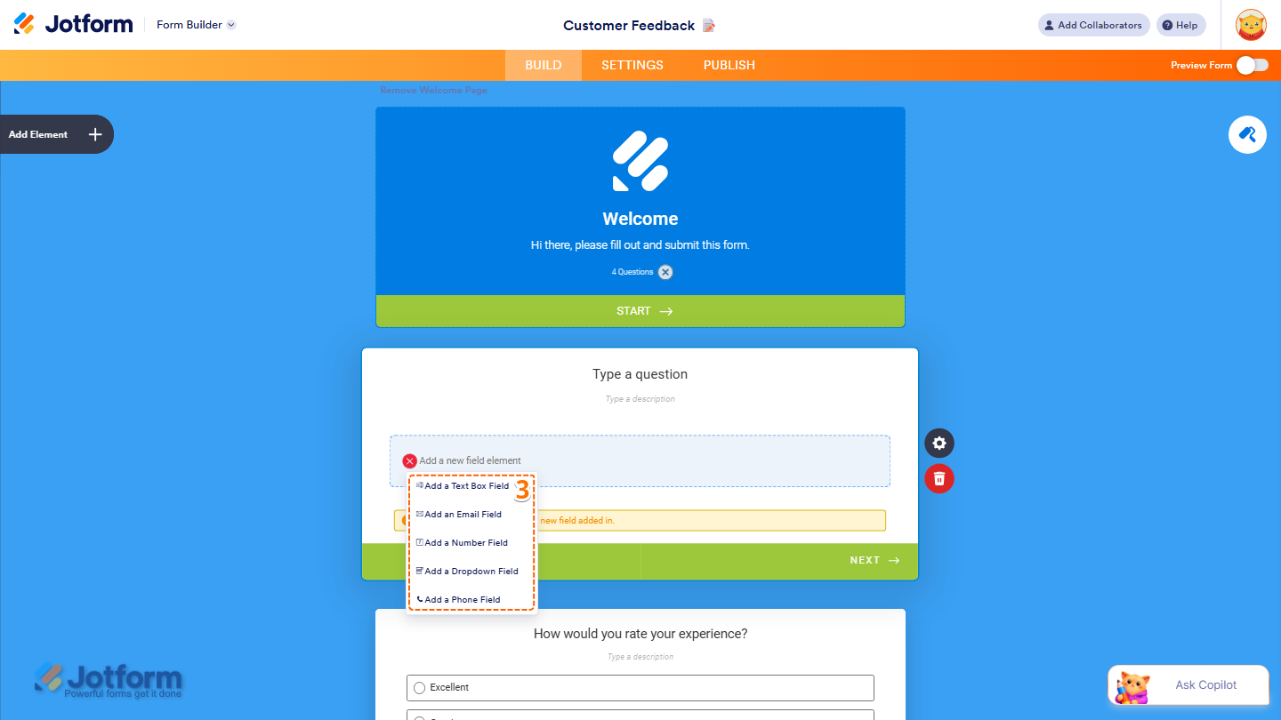Multi-line Question element showing Add a New Field menu with field type options in Jotform