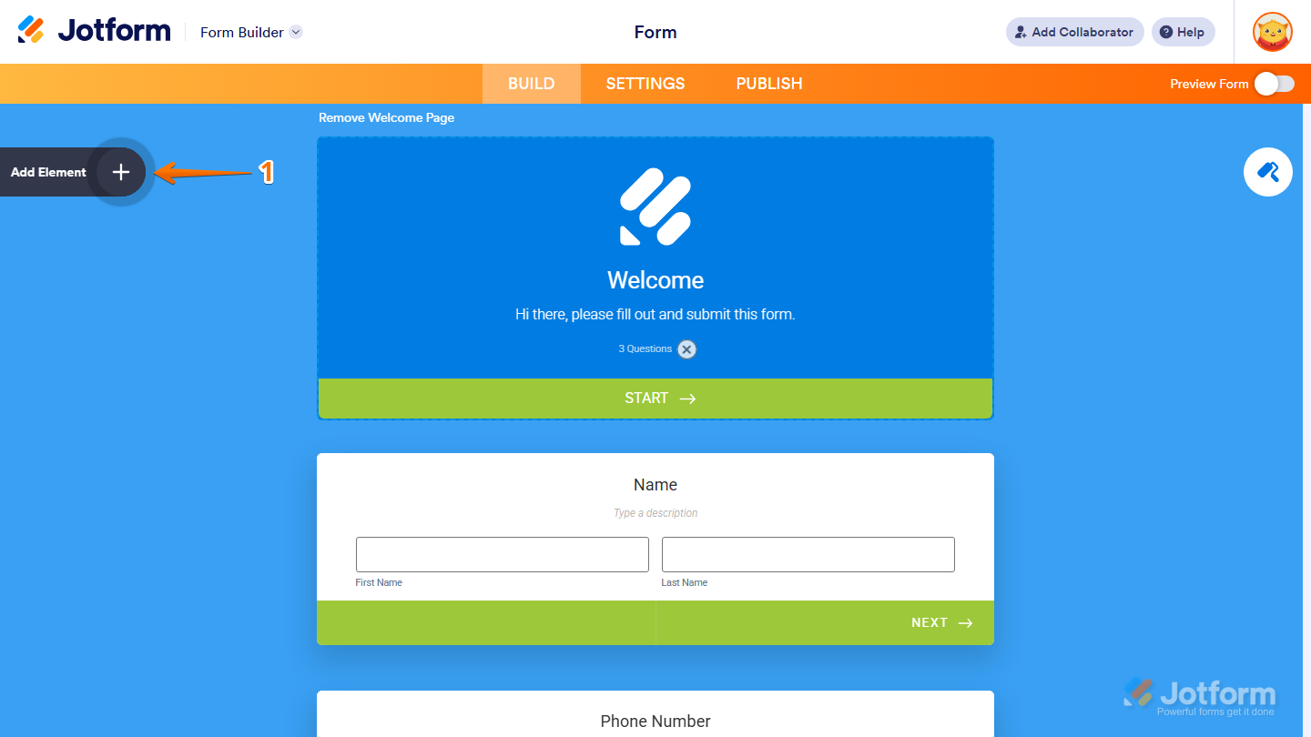 Form Builder Add Element menu in Jotform