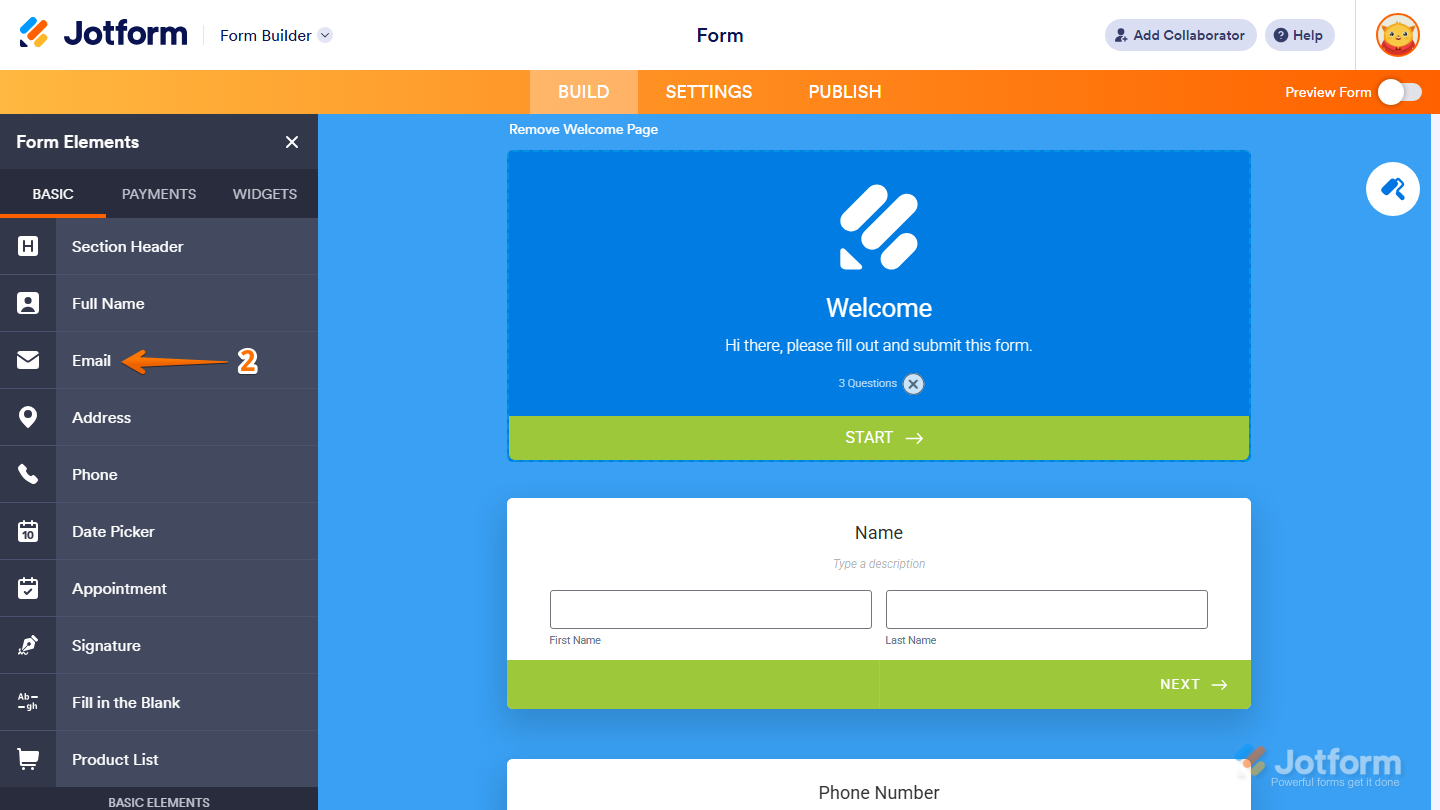 Form Elements Basic tab showing Email field selection in Jotform