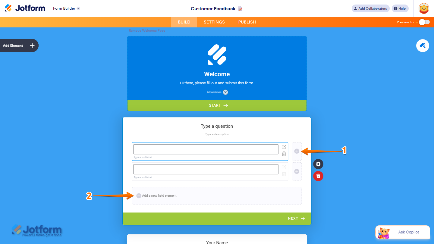 Multi-line Question element showing Plus icon and Add a New Field Element options in Jotform