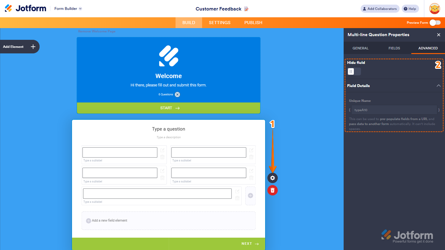 Multi-line Question Properties panel Advanced tab showing Hide Field and Field Details in Jotform