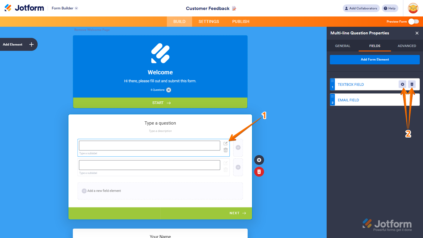 Multi-line Question Properties Fields tab showing field list with Gear and Trash icons in Jotform