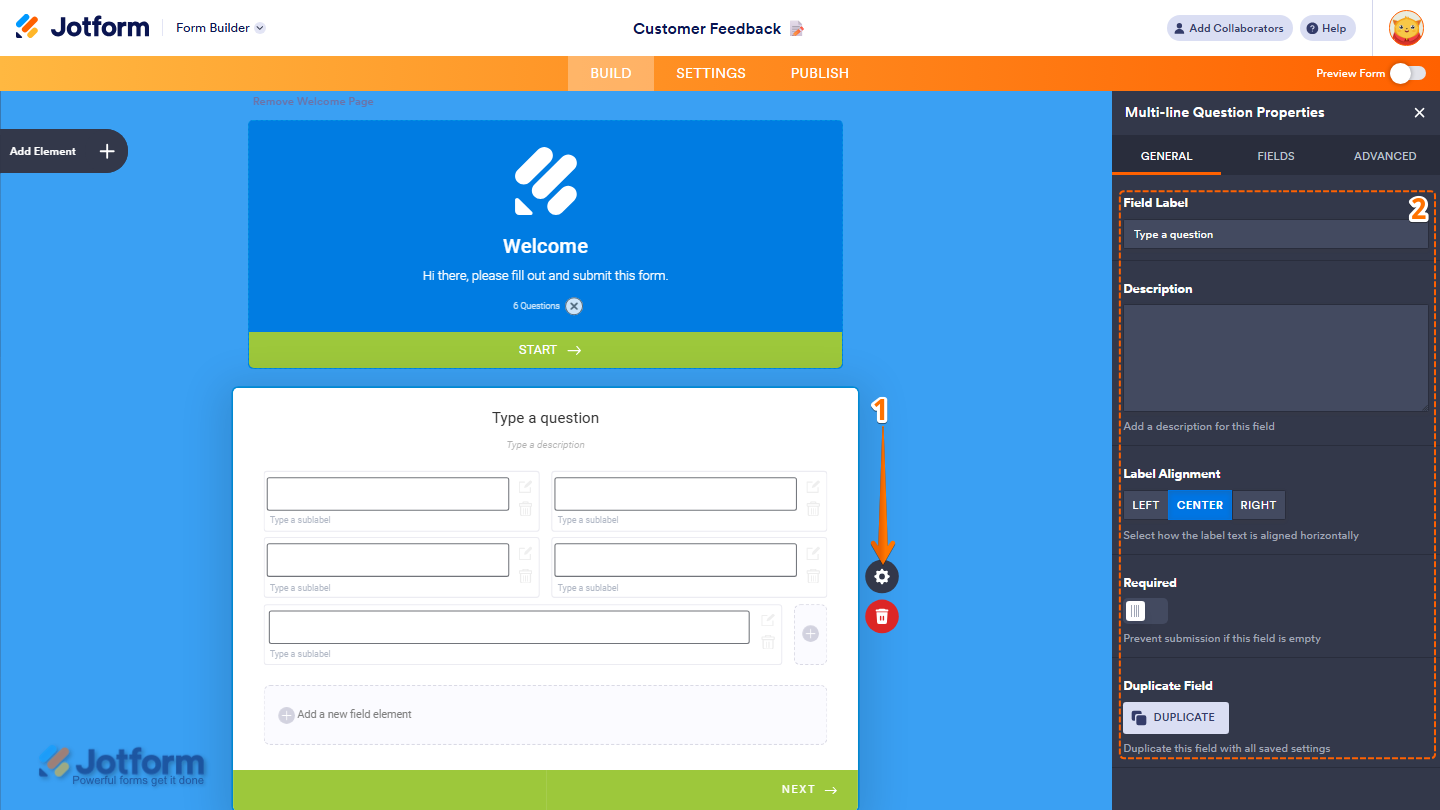 Multi-line Question Properties panel General tab showing label description alignment required and duplicate options in Jotform