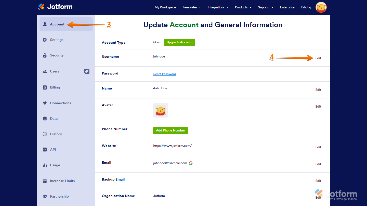 Account Tab and Edit butotn in Workspace Jotform