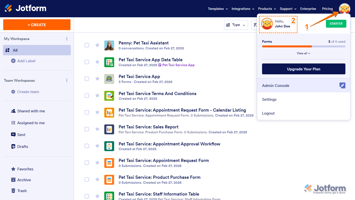 Account Name in the Account Avatar menu on Jotform My Workspace page
