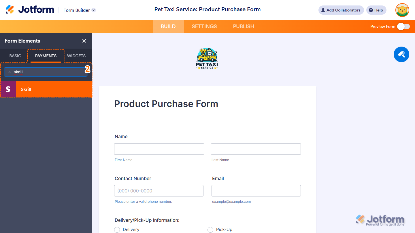 Skrill payment element under the Payments tab of the Form Elements menu in Jotform Form Builder