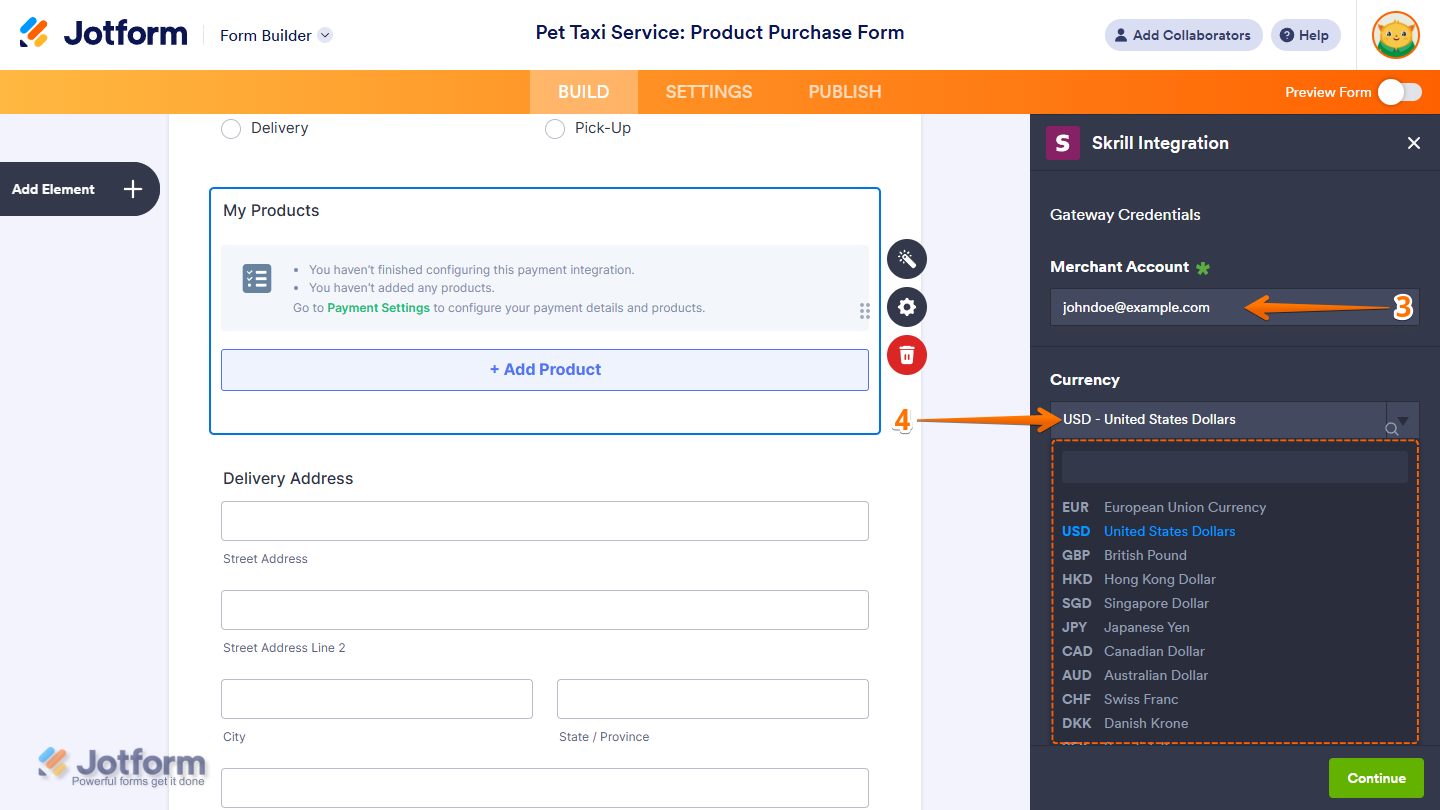 Gateway Credentials and Currency section of the Skrill Integration window in Jotform Form Builder