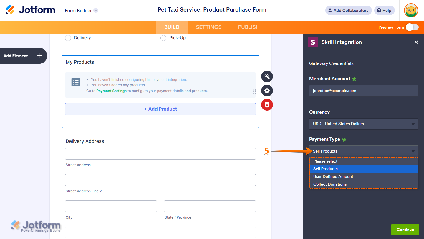 Payment Type Dropdown menu of the Skrill Integration window in Jotform Form Builder