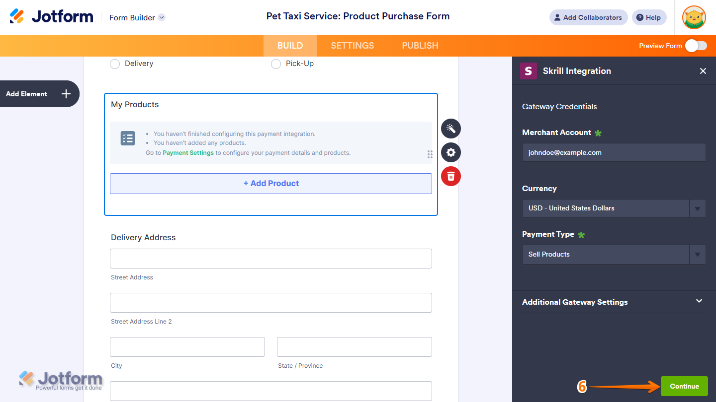 Continue button of the Skrill Integration window in Jotform Form Builder