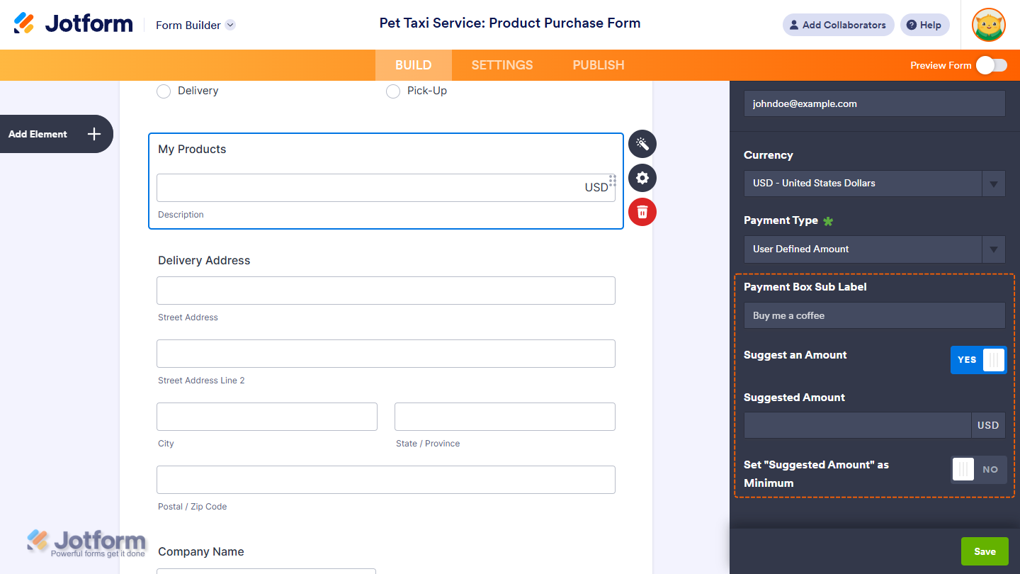 Different settings for User Defined Amount and Collect Donations payment type of the Skrill Integration window in Jotform Form Builder