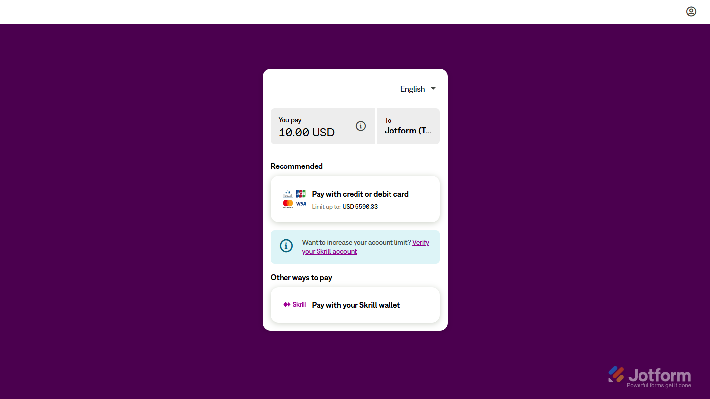 Skrill payment page for a transaction through a Jotform payment form
