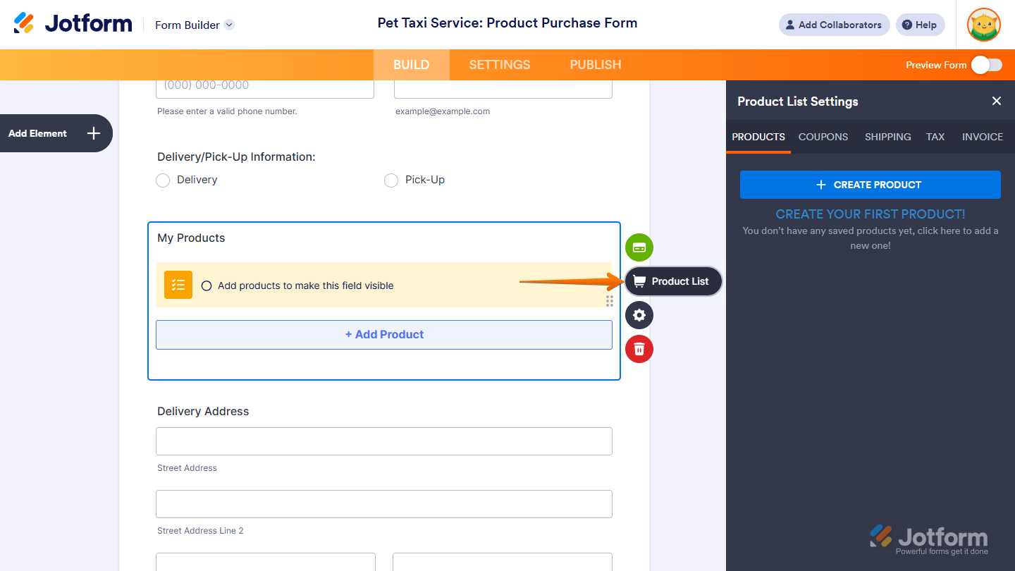 Shopping Cart icon to open the Product List Settings in Jotform Form Builder
