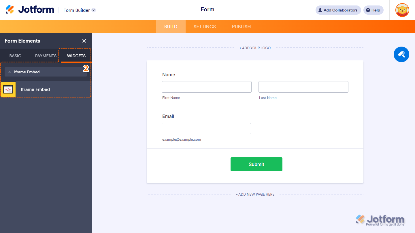 Iframe Embed widget in the Widgets tab of the Jotform Form Builder