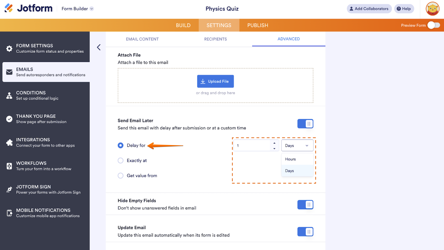 Autoresponder Email settings showing how to set a delay before sending emails after form submission