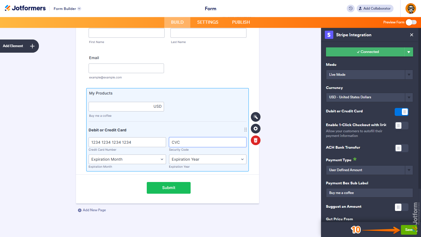 Save button in the Stripe integration menu