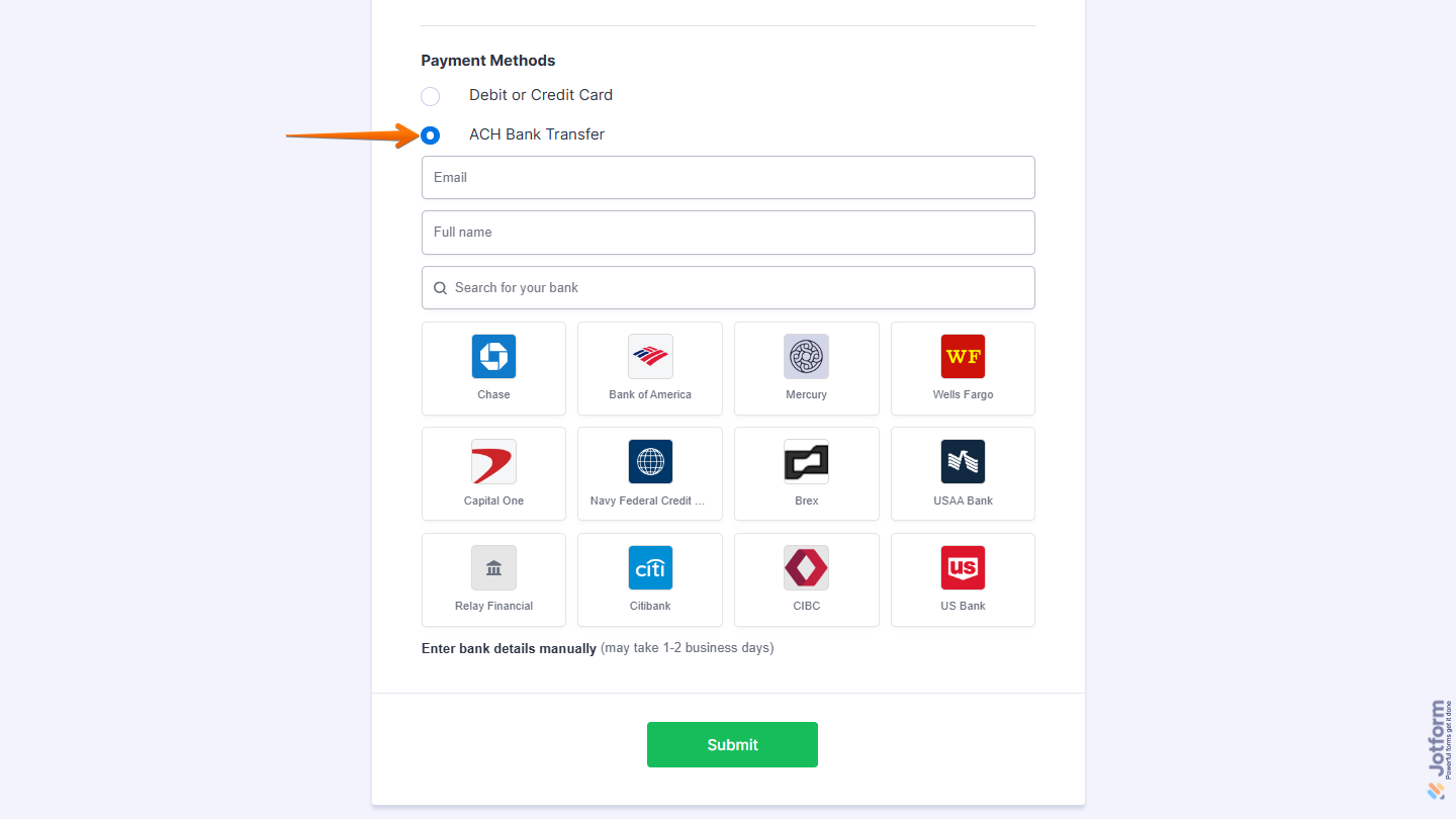 ACH Bank Transfer option in the live Jotform form