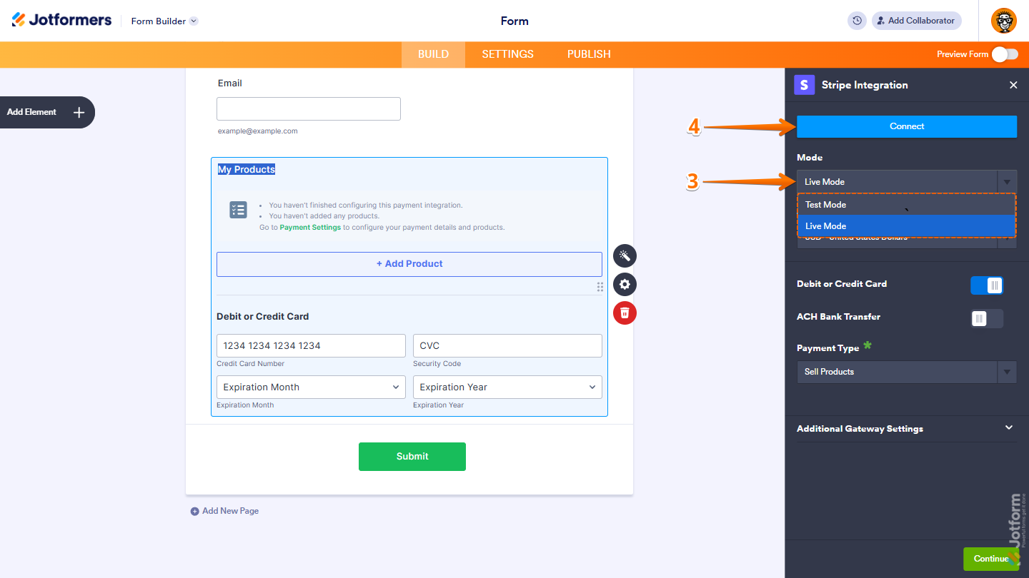 Mode and Connect options in the Stripe integration menu