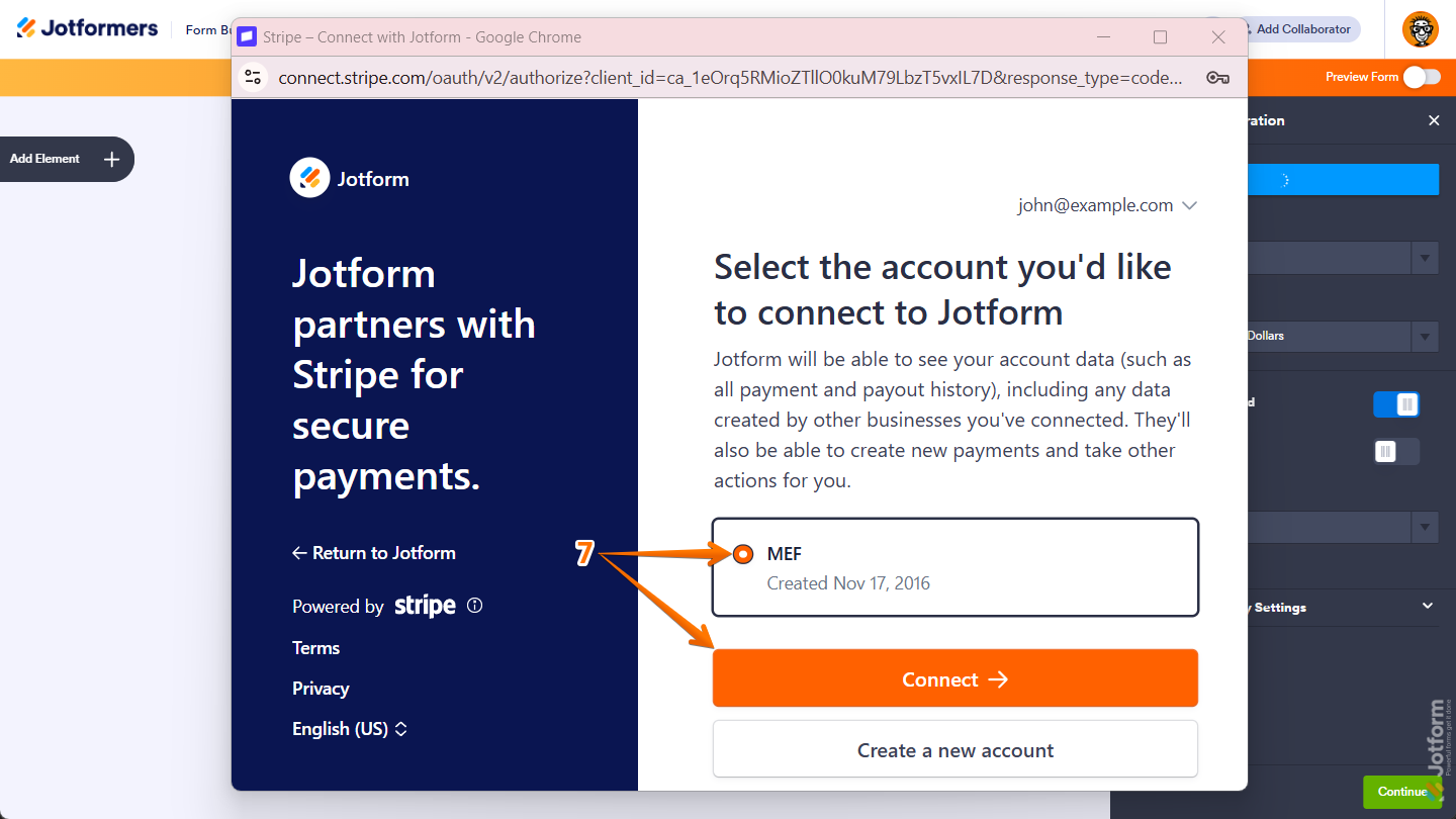 Select account in Stripe log in window