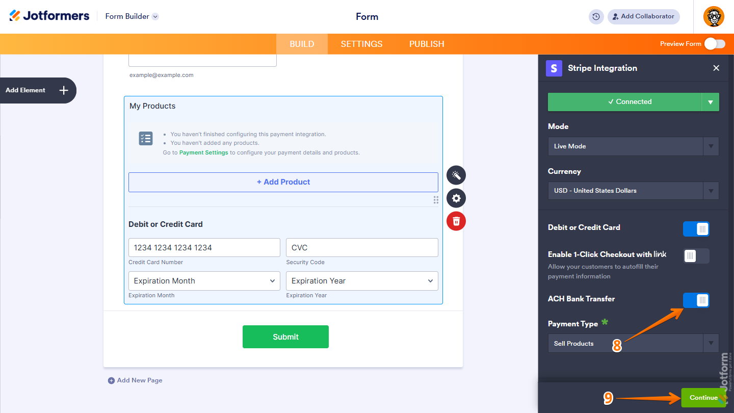 ACH Bank Transfer toggle in the Stripe integration menu