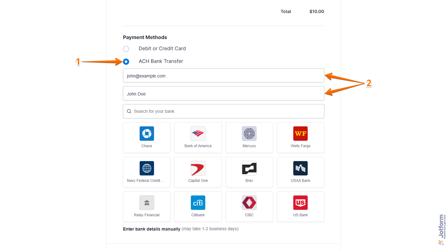 ACH Bank Transfer option in the form