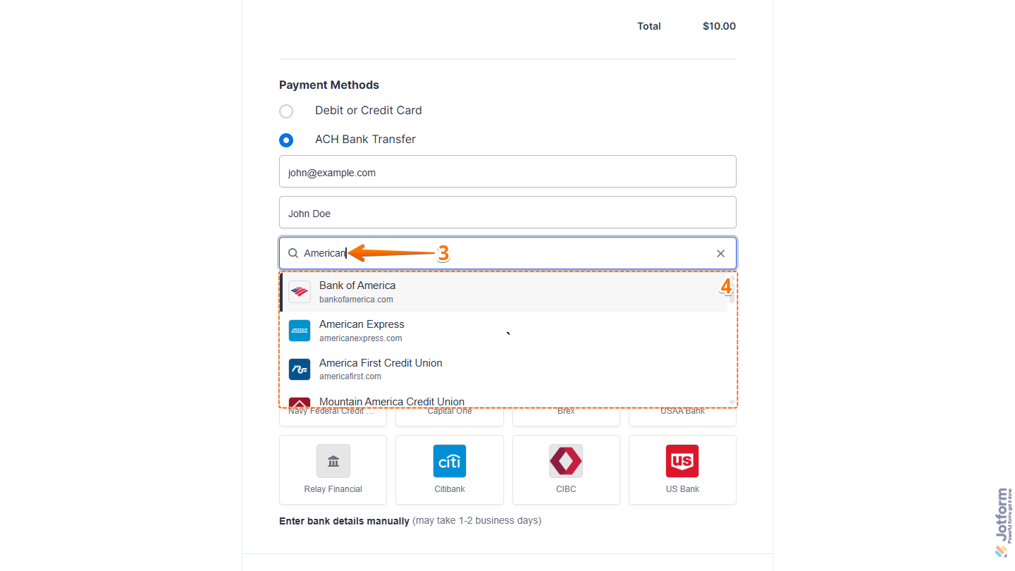 Search bank in Stripe ACH payment form