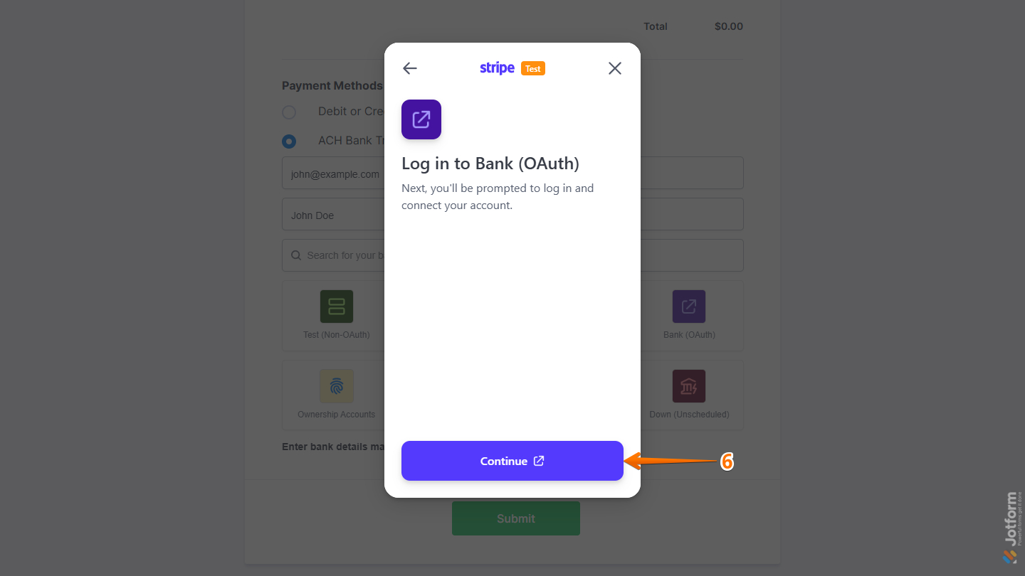 Continue button in the Log in to Bank window