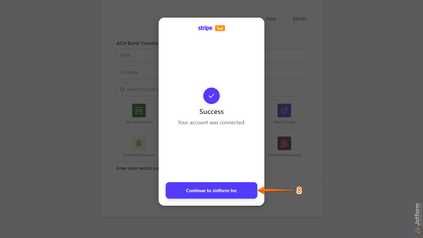Continue to Jotform Inc button in the Log in to Bank window